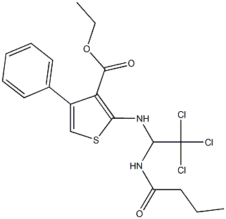 ethyl 2-{[1-(butyrylamino)-2,2,2-trichloroethyl]amino}-4-phenyl-3-thiophenecarboxylate Struktur