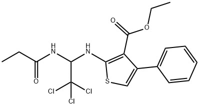 ethyl 4-phenyl-2-{[2,2,2-trichloro-1-(propionylamino)ethyl]amino}-3-thiophenecarboxylate Struktur