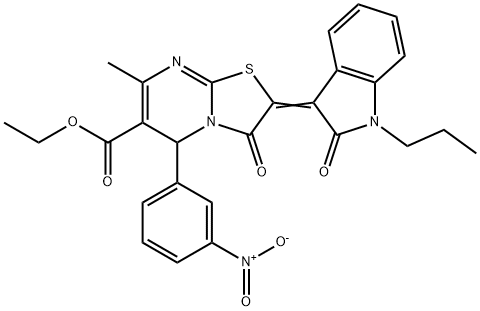 ethyl 5-{3-nitrophenyl}-7-methyl-3-oxo-2-(2-oxo-1-propyl-1,2-dihydro-3H-indol-3-ylidene)-2,3-dihydro-5H-[1,3]thiazolo[3,2-a]pyrimidine-6-carboxylate Struktur