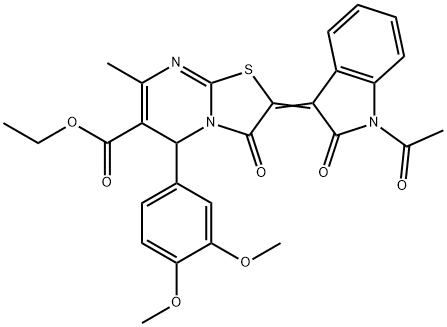 ethyl 2-(1-acetyl-2-oxo-1,2-dihydro-3H-indol-3-ylidene)-5-(3,4-dimethoxyphenyl)-7-methyl-3-oxo-2,3-dihydro-5H-[1,3]thiazolo[3,2-a]pyrimidine-6-carboxylate Struktur