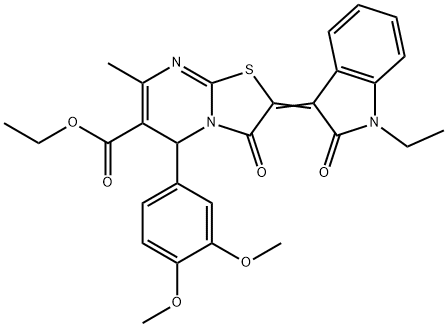 ethyl 5-(3,4-dimethoxyphenyl)-2-(1-ethyl-2-oxo-1,2-dihydro-3H-indol-3-ylidene)-7-methyl-3-oxo-2,3-dihydro-5H-[1,3]thiazolo[3,2-a]pyrimidine-6-carboxylate Struktur