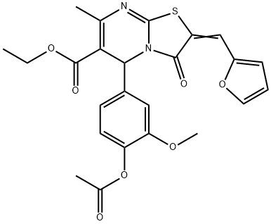 ethyl 5-[4-(acetyloxy)-3-methoxyphenyl]-2-(2-furylmethylene)-7-methyl-3-oxo-2,3-dihydro-5H-[1,3]thiazolo[3,2-a]pyrimidine-6-carboxylate Struktur