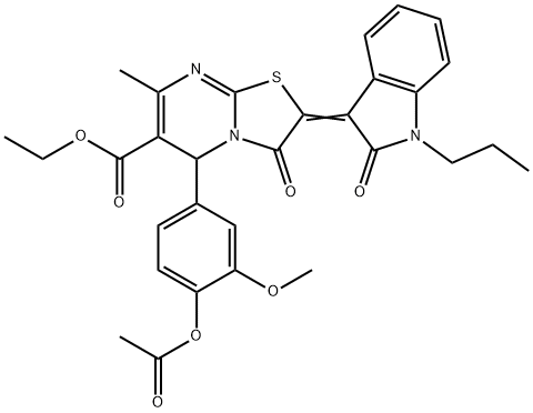 ethyl 5-[4-(acetyloxy)-3-methoxyphenyl]-7-methyl-3-oxo-2-(2-oxo-1-propyl-1,2-dihydro-3H-indol-3-ylidene)-2,3-dihydro-5H-[1,3]thiazolo[3,2-a]pyrimidine-6-carboxylate Struktur