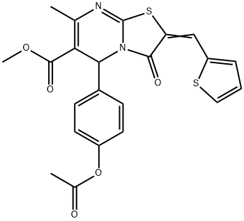 methyl 5-[4-(acetyloxy)phenyl]-7-methyl-3-oxo-2-(2-thienylmethylene)-2,3-dihydro-5H-[1,3]thiazolo[3,2-a]pyrimidine-6-carboxylate Struktur