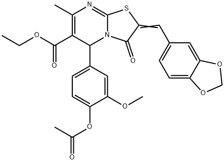 ethyl 5-[4-(acetyloxy)-3-methoxyphenyl]-2-(1,3-benzodioxol-5-ylmethylene)-7-methyl-3-oxo-2,3-dihydro-5H-[1,3]thiazolo[3,2-a]pyrimidine-6-carboxylate Struktur