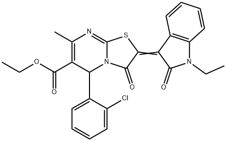 ethyl 5-(2-chlorophenyl)-2-(1-ethyl-2-oxo-1,2-dihydro-3H-indol-3-ylidene)-7-methyl-3-oxo-2,3-dihydro-5H-[1,3]thiazolo[3,2-a]pyrimidine-6-carboxylate Struktur