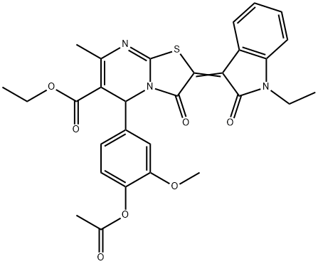 ethyl 5-[4-(acetyloxy)-3-methoxyphenyl]-2-(1-ethyl-2-oxo-1,2-dihydro-3H-indol-3-ylidene)-7-methyl-3-oxo-2,3-dihydro-5H-[1,3]thiazolo[3,2-a]pyrimidine-6-carboxylate Struktur