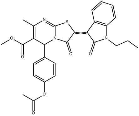 methyl 5-[4-(acetyloxy)phenyl]-7-methyl-3-oxo-2-(2-oxo-1-propyl-1,2-dihydro-3H-indol-3-ylidene)-2,3-dihydro-5H-[1,3]thiazolo[3,2-a]pyrimidine-6-carboxylate Struktur