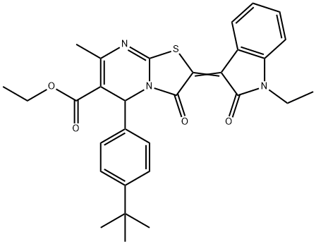 ethyl 5-(4-tert-butylphenyl)-2-(1-ethyl-2-oxo-1,2-dihydro-3H-indol-3-ylidene)-7-methyl-3-oxo-2,3-dihydro-5H-[1,3]thiazolo[3,2-a]pyrimidine-6-carboxylate Struktur