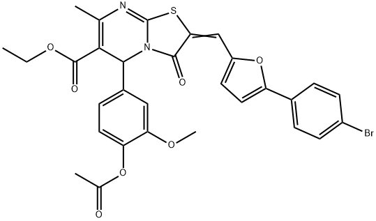 ethyl 5-[4-(acetyloxy)-3-methoxyphenyl]-2-{[5-(4-bromophenyl)-2-furyl]methylene}-7-methyl-3-oxo-2,3-dihydro-5H-[1,3]thiazolo[3,2-a]pyrimidine-6-carboxylate Struktur