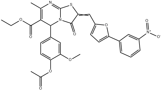 ethyl 5-[4-(acetyloxy)-3-methoxyphenyl]-2-[(5-{3-nitrophenyl}-2-furyl)methylene]-7-methyl-3-oxo-2,3-dihydro-5H-[1,3]thiazolo[3,2-a]pyrimidine-6-carboxylate Struktur