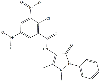 2-chloro-N-(1,5-dimethyl-3-oxo-2-phenyl-2,3-dihydro-1H-pyrazol-4-yl)-3,5-bisnitrobenzamide Struktur