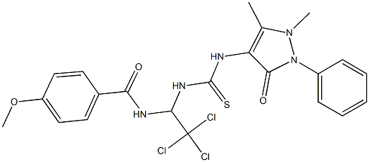 4-methoxy-N-[2,2,2-trichloro-1-({[(1,5-dimethyl-3-oxo-2-phenyl-2,3-dihydro-1H-pyrazol-4-yl)amino]carbothioyl}amino)ethyl]benzamide Struktur