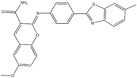 6-methoxy-2-{[4-(6-methyl-1,3-benzothiazol-2-yl)phenyl]imino}-2H-chromene-3-carboxamide Struktur