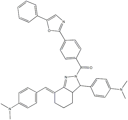 N-(4-{7-[4-(dimethylamino)benzylidene]-2-[4-(5-phenyl-1,3-oxazol-2-yl)benzoyl]-3,3a,4,5,6,7-hexahydro-2H-indazol-3-yl}phenyl)-N,N-dimethylamine Struktur