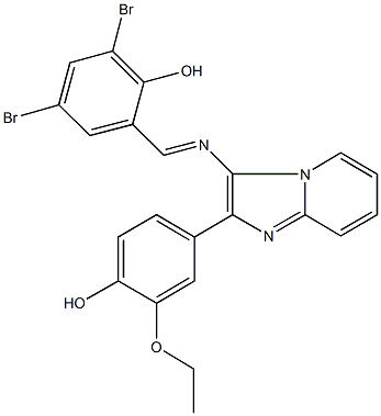 2,4-dibromo-6-({[2-(3-ethoxy-4-hydroxyphenyl)imidazo[1,2-a]pyridin-3-yl]imino}methyl)phenol Struktur