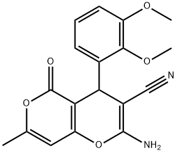 2-amino-4-(2,3-dimethoxyphenyl)-7-methyl-5-oxo-4H,5H-pyrano[4,3-b]pyran-3-carbonitrile Struktur