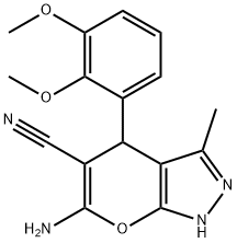 6-amino-4-(2,3-dimethoxyphenyl)-3-methyl-2,4-dihydropyrano[2,3-c]pyrazole-5-carbonitrile Struktur