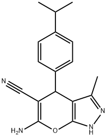 6-amino-4-(4-isopropylphenyl)-3-methyl-1,4-dihydropyrano[2,3-c]pyrazole-5-carbonitrile Struktur