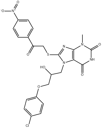 7-[3-(4-chlorophenoxy)-2-hydroxypropyl]-8-[(2-{4-nitrophenyl}-2-oxoethyl)sulfanyl]-3-methyl-3,7-dihydro-1H-purine-2,6-dione Struktur