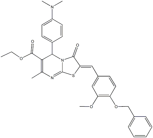 ethyl 2-[4-(benzyloxy)-3-methoxybenzylidene]-5-[4-(dimethylamino)phenyl]-7-methyl-3-oxo-2,3-dihydro-5H-[1,3]thiazolo[3,2-a]pyrimidine-6-carboxylate Struktur