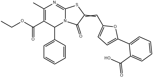 2-{5-[(6-(ethoxycarbonyl)-7-methyl-3-oxo-5-phenyl-5H-[1,3]thiazolo[3,2-a]pyrimidin-2(3H)-ylidene)methyl]-2-furyl}benzoic acid Struktur