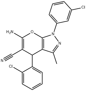 6-amino-4-(2-chlorophenyl)-1-(3-chlorophenyl)-3-methyl-1,4-dihydropyrano[2,3-c]pyrazole-5-carbonitrile Struktur