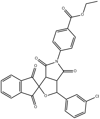 ethyl 4-(1-(3-chlorophenyl)-1',3',4,6(2'H)-tetraoxo-3a,4,6,6a-tetrahydrospiro[1H-furo[3,4-c]pyrrole-3,2'-(1'H)-indene]-5(3H)-yl)benzoate Struktur