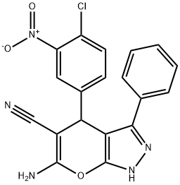 6-amino-4-(4-chloro-3-nitrophenyl)-3-phenyl-1,4-dihydropyrano[2,3-c]pyrazole-5-carbonitrile Struktur