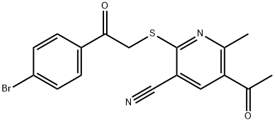 5-acetyl-2-{[2-(4-bromophenyl)-2-oxoethyl]sulfanyl}-6-methylnicotinonitrile Struktur