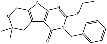 3-benzyl-2-(ethylsulfanyl)-6,6-dimethyl-3,5,6,8-tetrahydro-4H-pyrano[4',3':4,5]thieno[2,3-d]pyrimidin-4-one Struktur