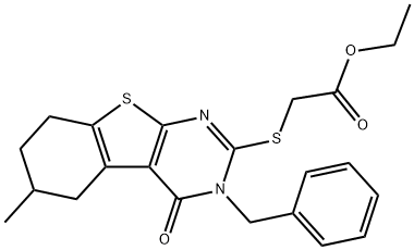 ethyl [(3-benzyl-6-methyl-4-oxo-3,4,5,6,7,8-hexahydro[1]benzothieno[2,3-d]pyrimidin-2-yl)sulfanyl]acetate Struktur