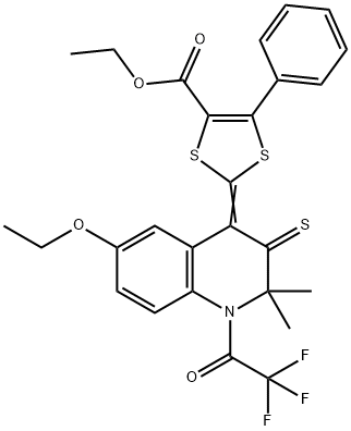 ethyl 2-(6-ethoxy-2,2-dimethyl-3-thioxo-1-(trifluoroacetyl)-2,3-dihydro-4(1H)-quinolinylidene)-5-phenyl-1,3-dithiole-4-carboxylate Struktur