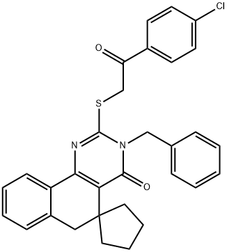 2-{[2-(4-chlorophenyl)-2-oxoethyl]sulfanyl}-3-benzyl-5,6-dihydrospiro(benzo[h]quinazoline-5,1'-cyclopentane)-4(3H)-one Struktur