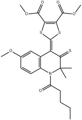 dimethyl 2-(6-methoxy-2,2-dimethyl-1-pentanoyl-3-thioxo-2,3-dihydroquinolin-4(1H)-ylidene)-1,3-dithiole-4,5-dicarboxylate Struktur