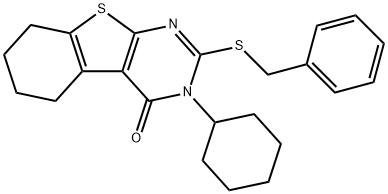 2-(benzylsulfanyl)-3-cyclohexyl-5,6,7,8-tetrahydro[1]benzothieno[2,3-d]pyrimidin-4(3H)-one Struktur