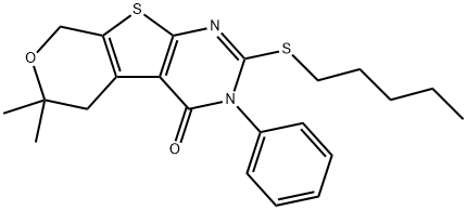 6,6-dimethyl-2-(pentylsulfanyl)-3-phenyl-3,5,6,8-tetrahydro-4H-pyrano[4',3':4,5]thieno[2,3-d]pyrimidin-4-one Struktur