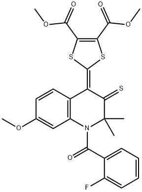 dimethyl 2-(1-(2-fluorobenzoyl)-7-methoxy-2,2-dimethyl-3-thioxo-2,3-dihydro-4(1H)-quinolinylidene)-1,3-dithiole-4,5-dicarboxylate Struktur