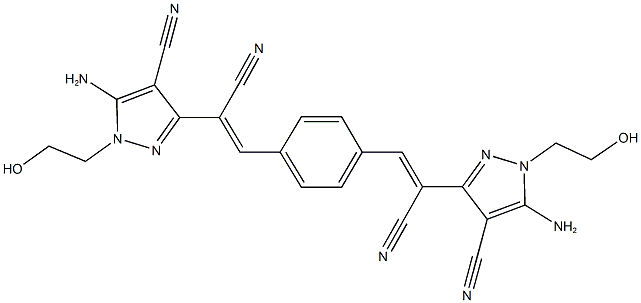 5-amino-3-[2-(4-{2-[5-amino-4-cyano-1-(2-hydroxyethyl)-1H-pyrazol-3-yl]-2-cyanovinyl}phenyl)-1-cyanovinyl]-1-(2-hydroxyethyl)-1H-pyrazole-4-carbonitrile Struktur