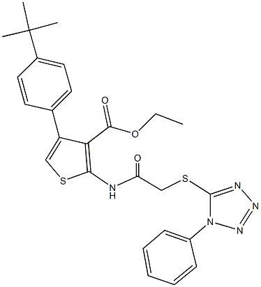 ethyl 4-(4-tert-butylphenyl)-2-({[(1-phenyl-1H-tetraazol-5-yl)sulfanyl]acetyl}amino)-3-thiophenecarboxylate Struktur