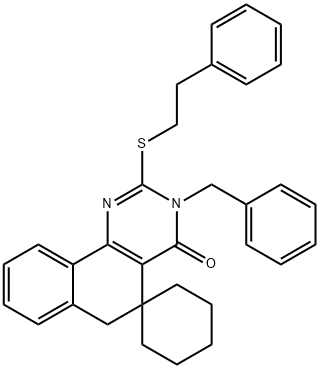 3-benzyl-2-[(2-phenylethyl)sulfanyl]-5,6-dihydrospiro(benzo[h]quinazoline-5,1'-cyclohexane)-4(3H)-one Struktur