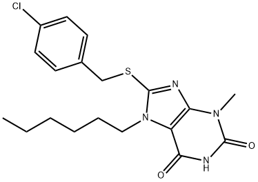 8-[(4-chlorobenzyl)sulfanyl]-7-hexyl-3-methyl-3,7-dihydro-1H-purine-2,6-dione Struktur