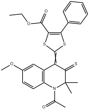 ethyl 2-(1-acetyl-6-methoxy-2,2-dimethyl-3-thioxo-2,3-dihydro-4(1H)-quinolinylidene)-5-phenyl-1,3-dithiole-4-carboxylate Struktur