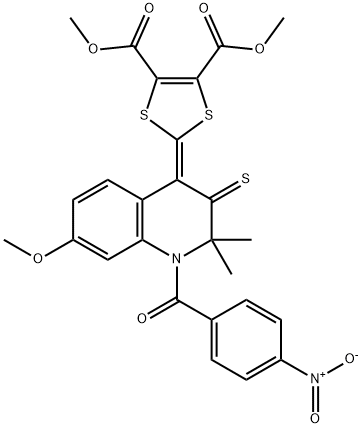 dimethyl 2-(1-{4-nitrobenzoyl}-7-methoxy-2,2-dimethyl-3-thioxo-2,3-dihydroquinolin-4(1H)-ylidene)-1,3-dithiole-4,5-dicarboxylate Struktur