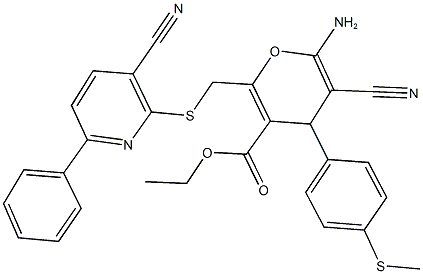 ethyl 6-amino-5-cyano-2-{[(3-cyano-6-phenyl-2-pyridinyl)sulfanyl]methyl}-4-[4-(methylsulfanyl)phenyl]-4H-pyran-3-carboxylate Struktur