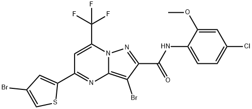 3-bromo-5-(4-bromo-2-thienyl)-N-(4-chloro-2-methoxyphenyl)-7-(trifluoromethyl)pyrazolo[1,5-a]pyrimidine-2-carboxamide Struktur