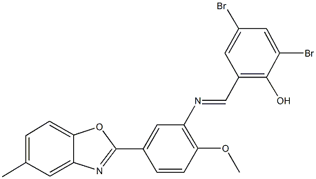 2,4-dibromo-6-({[2-methoxy-5-(5-methyl-1,3-benzoxazol-2-yl)phenyl]imino}methyl)phenol Struktur