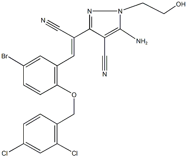 5-amino-3-(2-{5-bromo-2-[(2,4-dichlorobenzyl)oxy]phenyl}-1-cyanovinyl)-1-(2-hydroxyethyl)-1H-pyrazole-4-carbonitrile Struktur