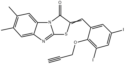 2-[3,5-diiodo-2-(2-propynyloxy)benzylidene]-6,7-dimethyl[1,3]thiazolo[3,2-a]benzimidazol-3(2H)-one Struktur