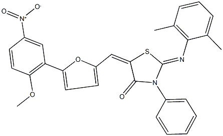 2-[(2,6-dimethylphenyl)imino]-5-[(5-{5-nitro-2-methoxyphenyl}-2-furyl)methylene]-3-phenyl-1,3-thiazolidin-4-one Struktur